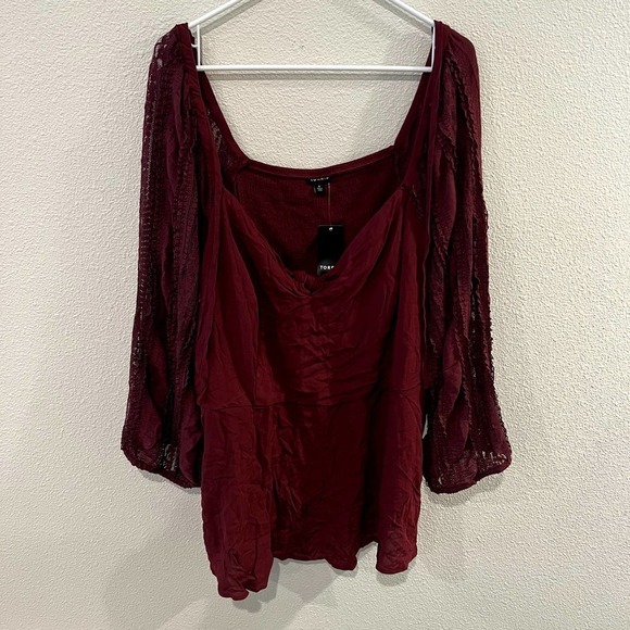 NWT Torrid Esther Peplum Rayon Tie Front Crepe Embroidered Sleeve Top Size 4 - Picture 2 of 6